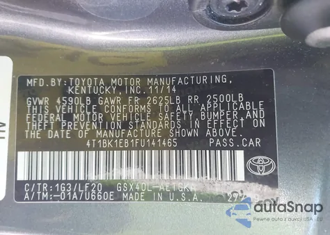 2015 Toyota Avalon Xle Premium z USA, uszkodzony, nr VIN 4T1BK1EB1FU141465